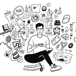 Line art drawing of a man holding a microphone, representing Whang!. He is sitting in front of a backdrop containing YouTube logos while surrounded by text bubbles with internet-related terms, all against a white background.