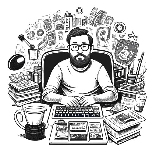 Line art drawing of a man, representing Whang!, with glasses and a beard, sitting at a computer desk, surrounded by stacks of money, a YouTube Play Button trophy, and internet-related symbols. Floating dollar signs add a touch of financial success, all against a white backdrop.