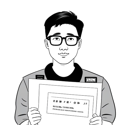 Line art drawing of a man, representing Whang!, with glasses, holding a birth certificate and a South Korean flag.