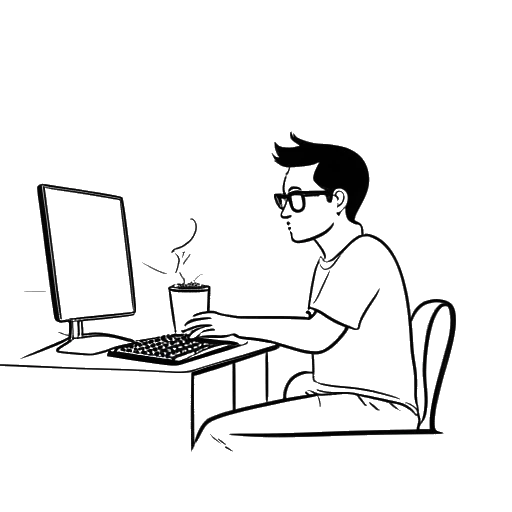 Strichzeichnung eines Mannes, der Whang! repräsentiert, mit Brille, der an einem Computer sitzt und ein Video mit dem Titel 'Wavy Web Surf' ansieht.