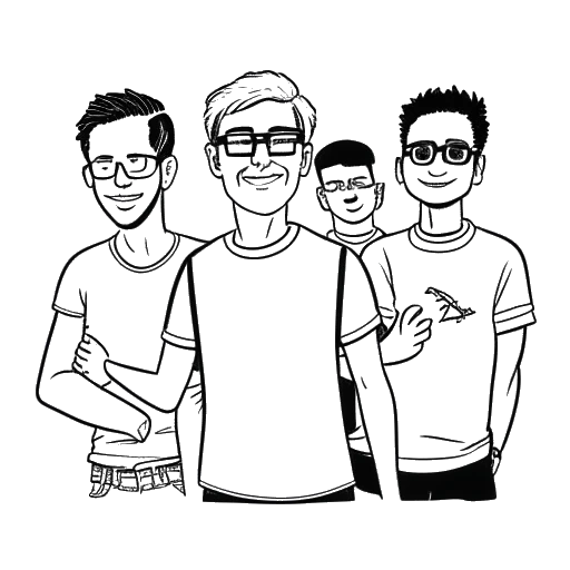 Line art drawing of a man, representing Whang!, with glasses, holding hands with three other individuals, representing Wavy Web Surf, The Right Opinion, and Nerd Willie Mac Show.