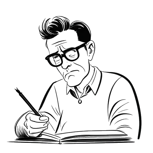 Line art drawing of a man, representing Whang!, with glasses, holding a pencil, looking frustrated as he works on a script.