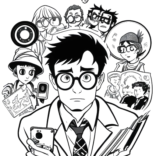 Line art drawing of a man, representing Whang!, with glasses, holding a magnifying glass over various anime characters, strange videos, and text.