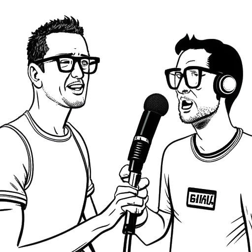 Line art drawing of a man, representing Whang!, with glasses, holding a microphone, interviewing a man wearing a Gojira t-shirt.