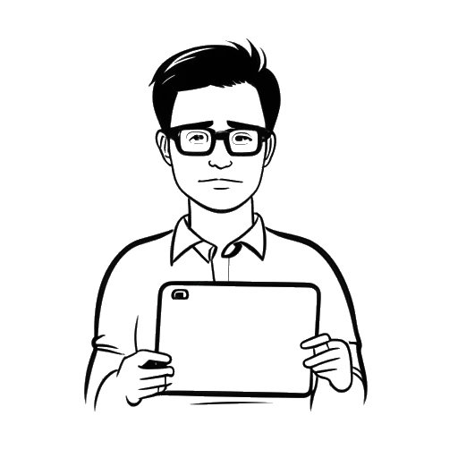 Lijn kunsttekening van een man, die Whang! vertegenwoordigt, met een bril, die een digitaal apparaat vasthoudt met het logo van het Internet Archive.