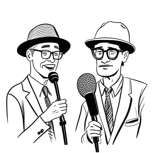 Line art drawing of a man, representing Whang!, with glasses, holding a microphone, collaborating with a man wearing a historian's hat.
