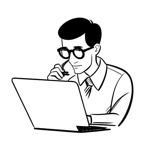 Lijn kunsttekening van een man, die Whang! vertegenwoordigt, met een bril, die een vergrootglas vasthoudt boven een computerscherm, en internetmysteries onderzoekt.