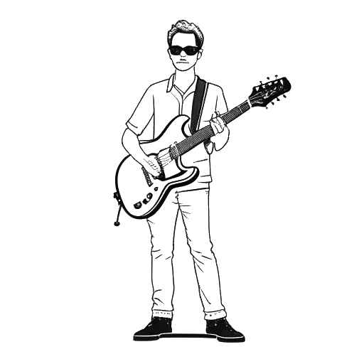 Line art drawing of a man, representing Whang!, with glasses, holding a guitar, standing next to a band.