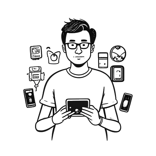 Desenho em linha de um homem, representando Whang!, com óculos, segurando vários smartphones exibindo logotipos de canais diferentes.