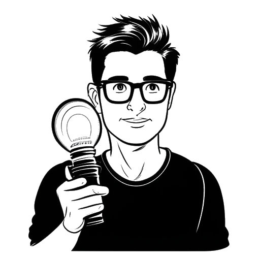 Dibujo lineal de un hombre, representando a Whang!, con gafas, sosteniendo un reflector, iluminando a un hombre que representa a Philip DeFranco.