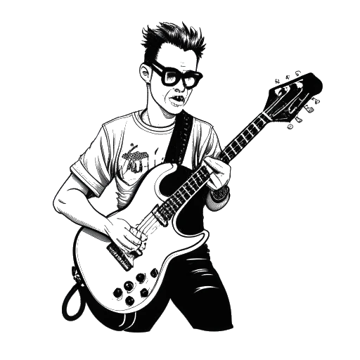 Strichzeichnung eines Mannes, der Whang! repräsentiert, mit Brille, der eine Gitarre hält und ein Slipknot-T-Shirt trägt.