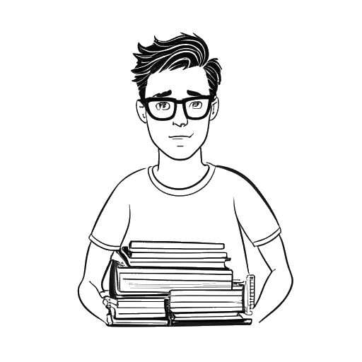 Line art drawing of a man, representing Whang!, with glasses, holding a stack of books with various internet topics.