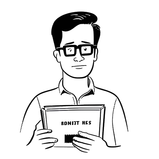 Desenho em linha de um homem, representando Whang!, com óculos, segurando um livro de história rotulado 'História da Internet'.