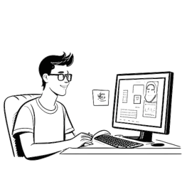 Strichzeichnung eines Mannes, der Matthias 'TC' Roll darstellt, der digitale Inhalte vor einem Computerbildschirm erstellt. Die Szene zeigt auch einen rapide steigenden YouTube-Abonnentenzähler.