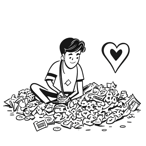 Strichzeichnung eines Mannes, der Matthias Roll darstellt, der sich von einem Geldstapel abwendet, mit einem Herz und einem YouTube-Logo im Hintergrund, auf weißem Hintergrund.