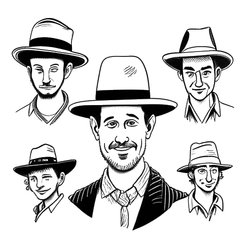 Strichzeichnung eines Mannes mit vier verschiedenen Hüten, Matthias Roll als Komiker, Webvideoproduzent, Schauspieler und Sänger darstellend, mit verschiedenen Requisiten im Hintergrund, auf weißem Hintergrund.