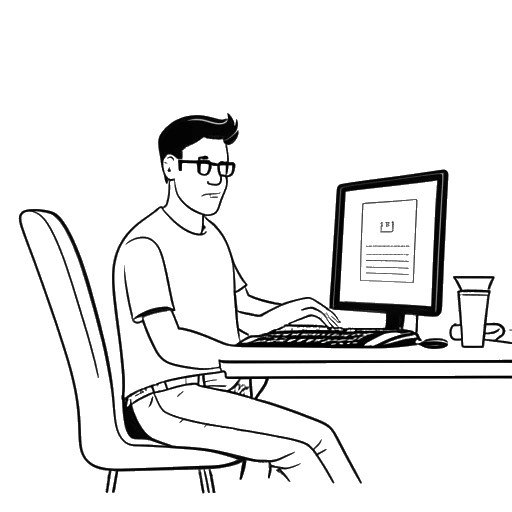 Strichzeichnung eines Mannes, der Matthias Roll darstellt, der vor einem Computer sitzt, mit einem YouTube-Logo und den Buchstaben 'TC' im Hintergrund, auf weißem Hintergrund.