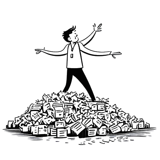 Strichzeichnung eines Mannes, der Matthias Roll darstellt, der sich von einem Geldstapel entfernt, mit einem YouTube-Logo und dem Wort 'Genuss' im Hintergrund, auf weißem Hintergrund.
