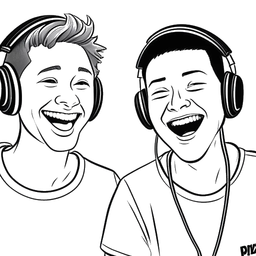 Strichzeichnung von zwei jungen Männern mit Kopfhörern, die Matthias Roll und Phil Laude darstellen, die lachen, mit einem Mikrofon und einem YouTube-Logo im Hintergrund, auf weißem Hintergrund.