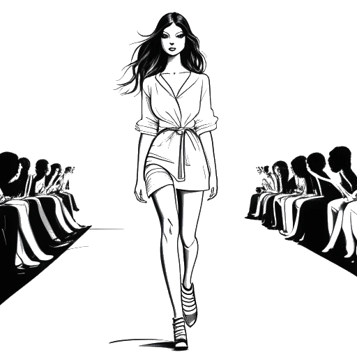 Line art drawing of a woman, representing Leonie Hanne, confidently walking on a fashion show runway with camera flashes and Rebecca Minkoff's logo in the backdrop, all set against a white background.