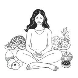 Line art illustration of a woman, evocative of Leonie Hanne, in a peaceful meditation pose with a display of vegan foods in front of her, all portrayed against a white background.