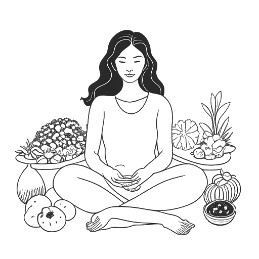 Ilustración en línea de una mujer, evocativa de Leonie Hanne, en una pose pacífica de meditación con una exhibición de alimentos veganos frente a ella, todo retratado en un fondo blanco.