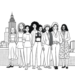 Line drawing of a cadre of women in varied stylish clothes, embodying unity, with London's cityscape behind them, representing Leonie Hanne's vision, all against a white canvas.