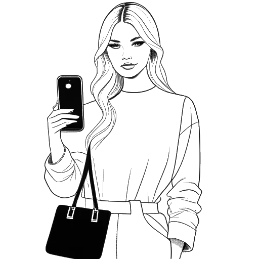Desenho de arte em linha de uma mulher, representando Leonie Hanne. Ela está vestida com moda trendy, segurando uma capa de iPhone adornada com o logotipo de uma marca de moda, cercada por vários itens de moda.