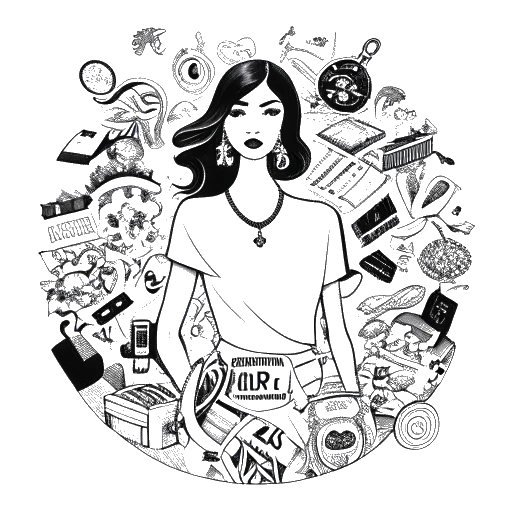 Line art drawing of a woman, representing Leonie Hanne, surrounded by luxury brand logos
