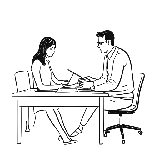 Line art drawing of a woman, representing Leonie Hanne, and a man working together at a desk