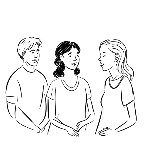 Desenho em arte linear de uma mulher, representando Leonie Hanne, conversando com membros da família
