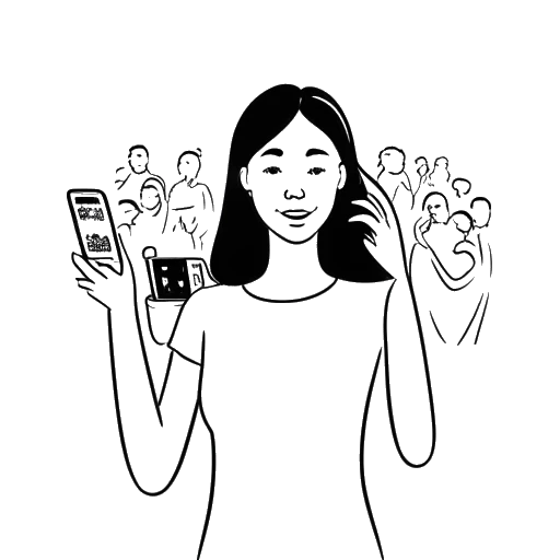 Strichzeichnung einer Frau, die Leonie Hanne darstellt, hält ein Smartphone mit einer großen Anzahl von Followern auf dem Bildschirm
