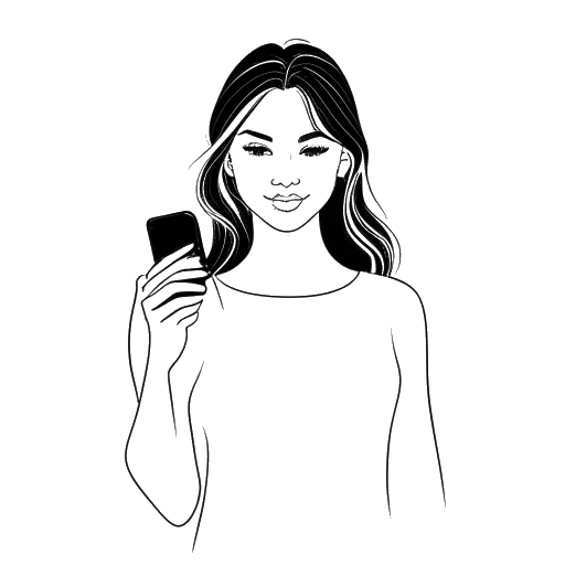 Desenho em arte linear de uma mulher, representando Leonie Hanne, segurando um iPhone com uma capa de designer