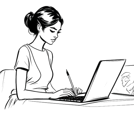 Strichzeichnung einer Frau, die Leonie Hanne darstellt, schreibt auf einem Laptop mit einer Modeskizze im Hintergrund