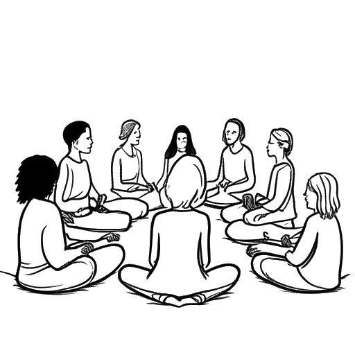 Line art drawing of a woman, representing Leonie Hanne, meditating with friends and family nearby