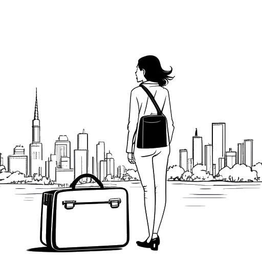 Line art drawing of a woman, representing Leonie Hanne, with a suitcase, her eyes focused on a city skyline
