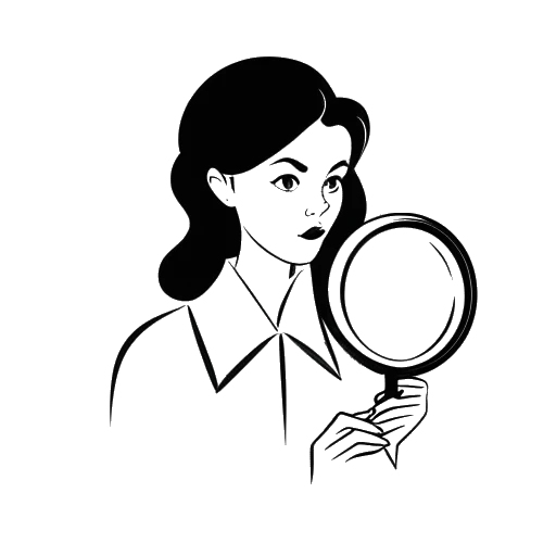Line art drawing of a woman, representing Leonie Hanne, holding a magnifying glass over a document