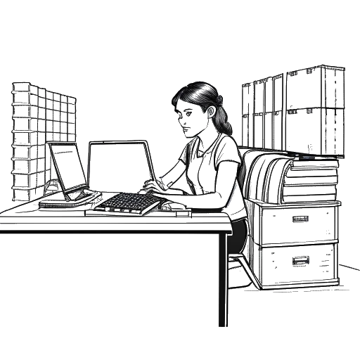 Line art drawing of a woman, representing Leonie Hanne, working at a desk with shipping containers in the background