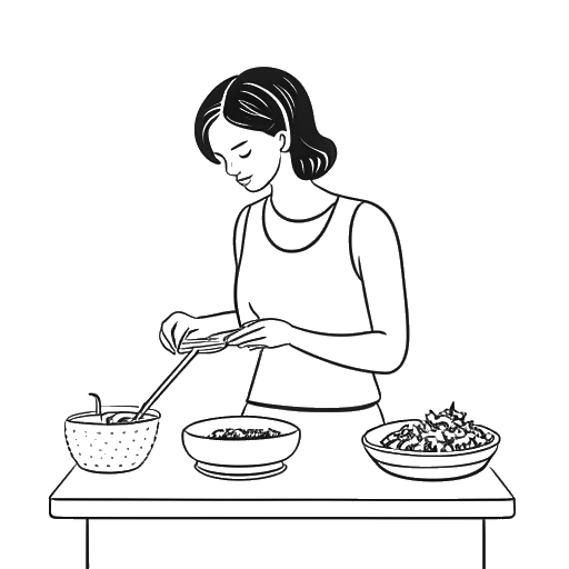 Disegno in stile line art di una donna, rappresentante Leonie Hanne, che prepara un pasto salutare