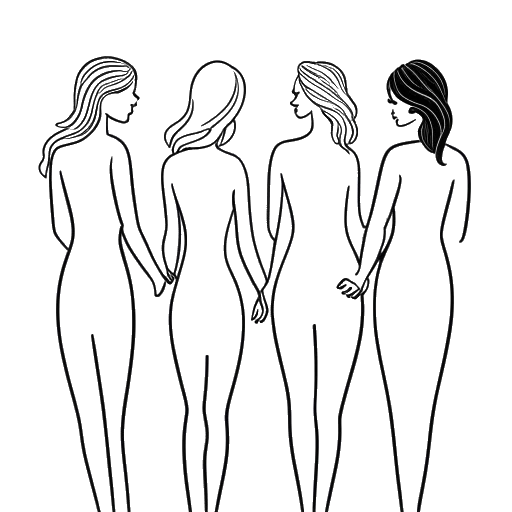 Dibujo de arte lineal de una mujer, representando a Leonie Hanne, tomada de la mano con otras mujeres