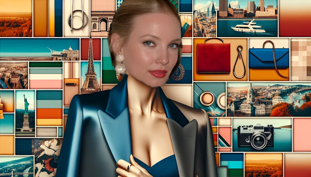 Leonie Hanne, a mid-30s woman with fair skin and a slim body type, looking confidently into the camera with a slight tilt. The vibrant and bold background reflects her cosmopolitan lifestyle and fashion influence. She exudes elegance and radiates positivity in this high-resolution image.