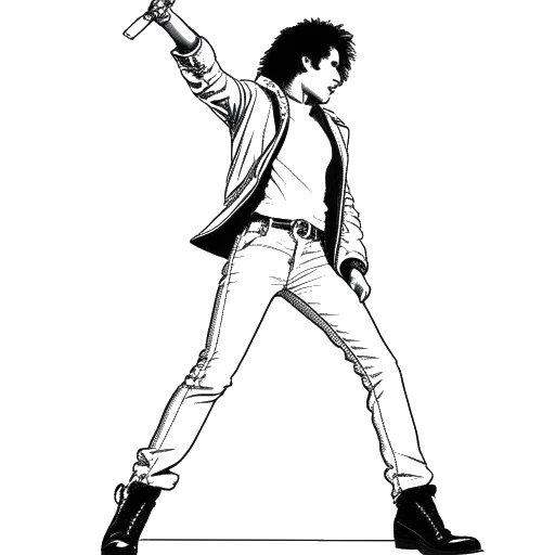 Dibujo de arte en línea de Michael Jackson realizando un movimiento de baile cautivador en el escenario, con el foco de luz brillando sobre él y el público animando en el fondo.