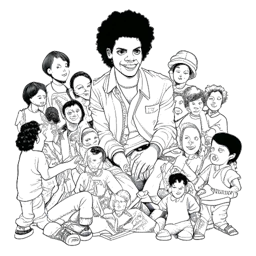 Line art drawing of Michael Jackson engaged in philanthropy, surrounded by children he has helped through his charitable work.