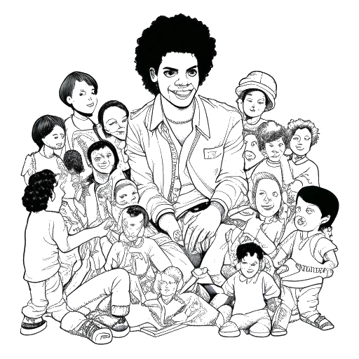 Disegno in stile line art di Michael Jackson impegnato nella filantropia, circondato dai bambini che ha aiutato attraverso il suo lavoro di beneficenza.