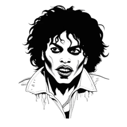 Disegno in stile line art della copertina dell'album 'Thriller' di Michael Jackson, con la sua iconica immagine e il titolo 'Thriller' esposto in grassetto.