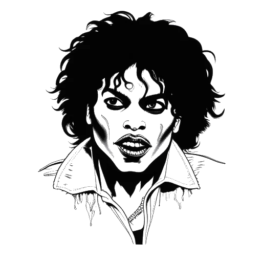 Dibujo de arte en línea de la portada del álbum 'Thriller' de Michael Jackson, presentando su icónica imagen y el título 'Thriller' exhibido audazmente.