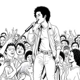 Desenho em arte linear de um jovem Michael Jackson como artista solo, segurando um microfone e cercado por fãs admiradores.