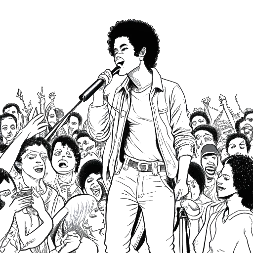 Line art drawing of a young Michael Jackson as a solo artist, holding a microphone and surrounded by adoring fans.