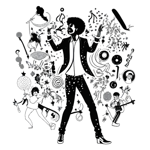 Line art drawing of a man, representing Michael Jackson, surrounded by music notes, dollar signs, a microphone, and a moonwalk silhouette.