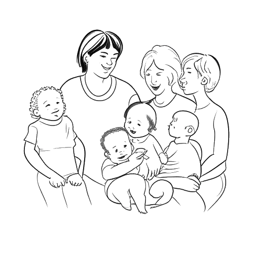 Desenho em arte linear de um bebê, representando Michael Jackson, cercado por membros da família.